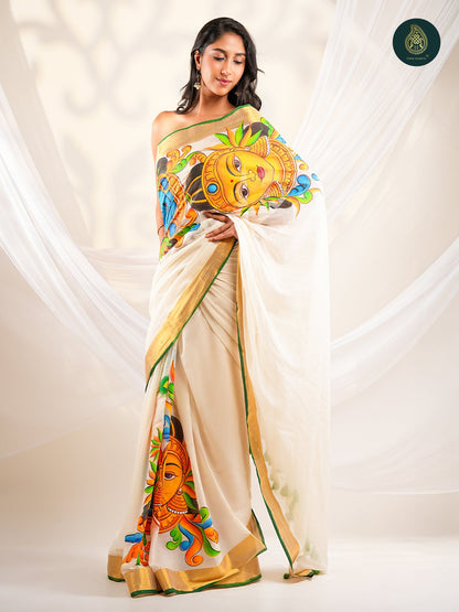 Ivory Mul Cotton Saree with Hand-Painted Border & Pallu