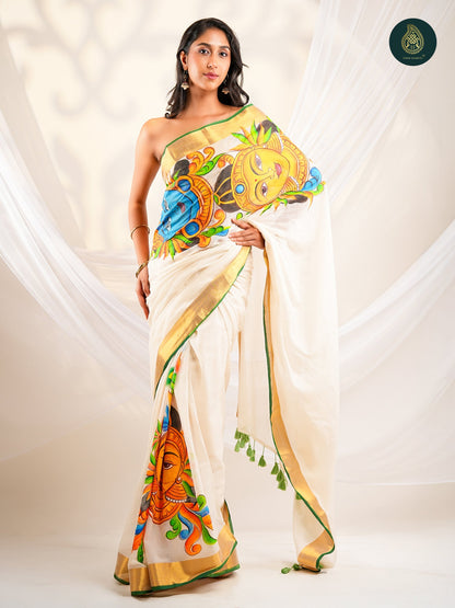 Ivory Mul Cotton Saree with Hand-Painted Border & Pallu