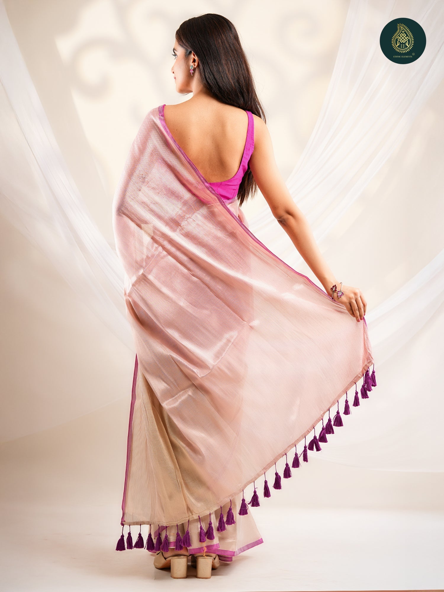 Blush Pink Saree with Gold Stripes & Magenta Border