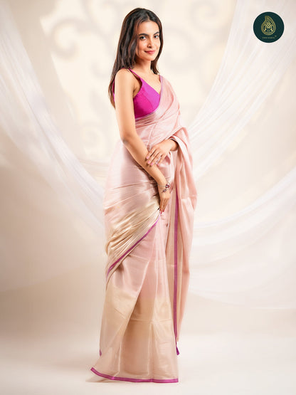 Blush Pink Saree with Gold Stripes & Magenta Border