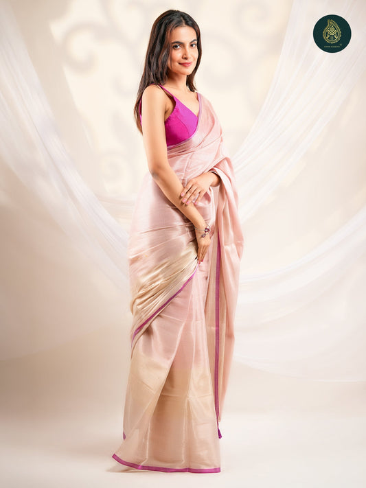 Blush Pink Saree with Gold Stripes & Magenta Border