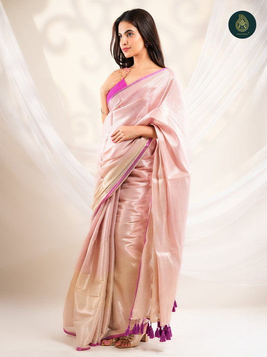 Blush Pink Saree with Gold Stripes & Magenta Border
