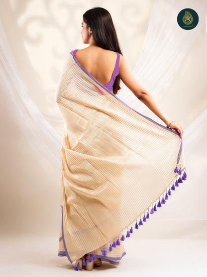 Champagne Beige Saree with Gold Stripes & Lavender Border
