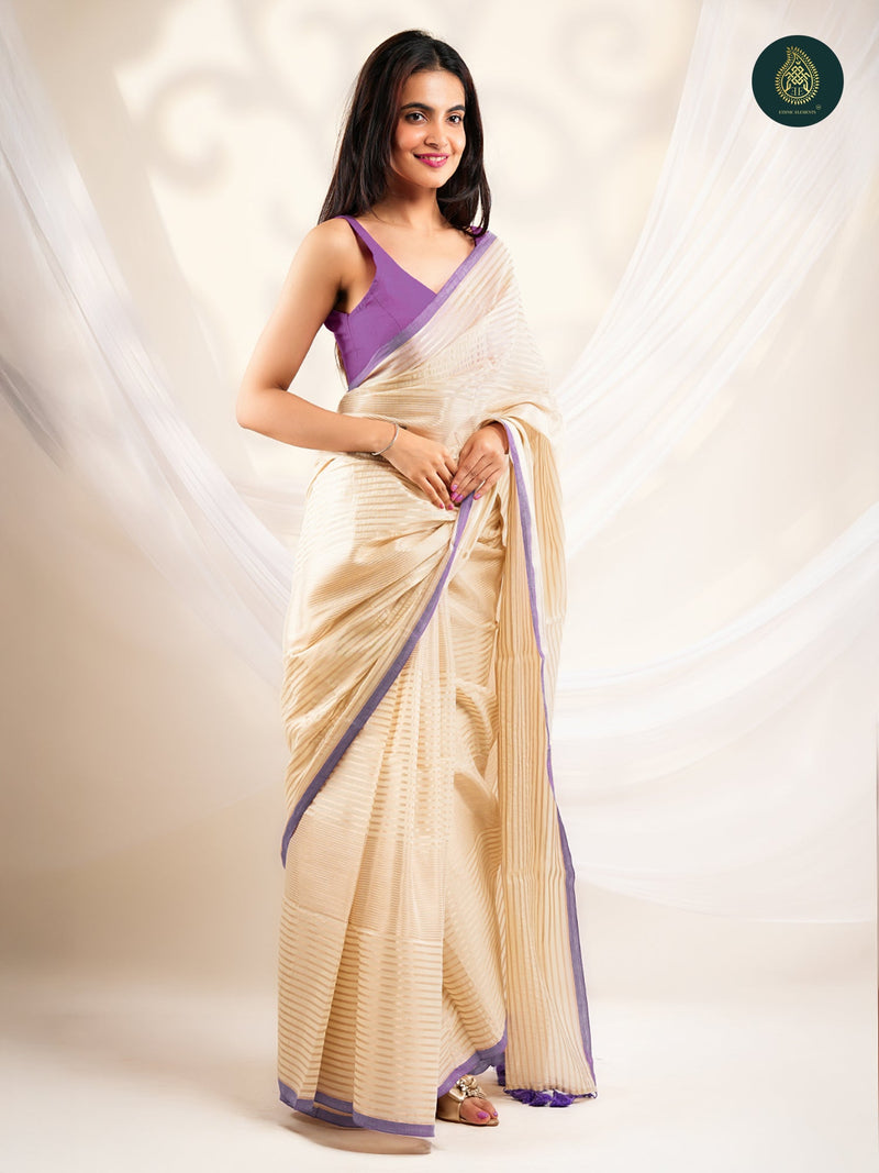 Champagne Beige Saree with Gold Stripes & Lavender Border