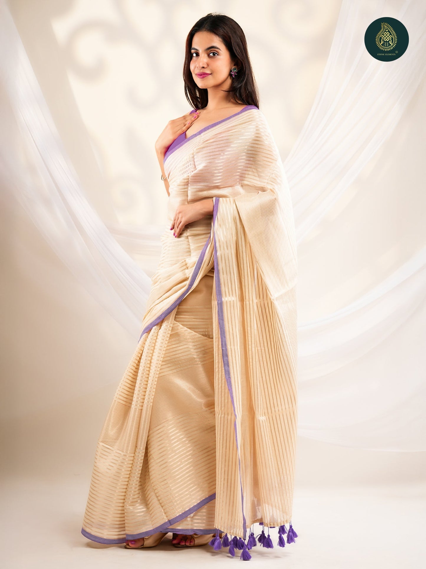 Champagne Beige Saree with Gold Stripes & Lavender Border