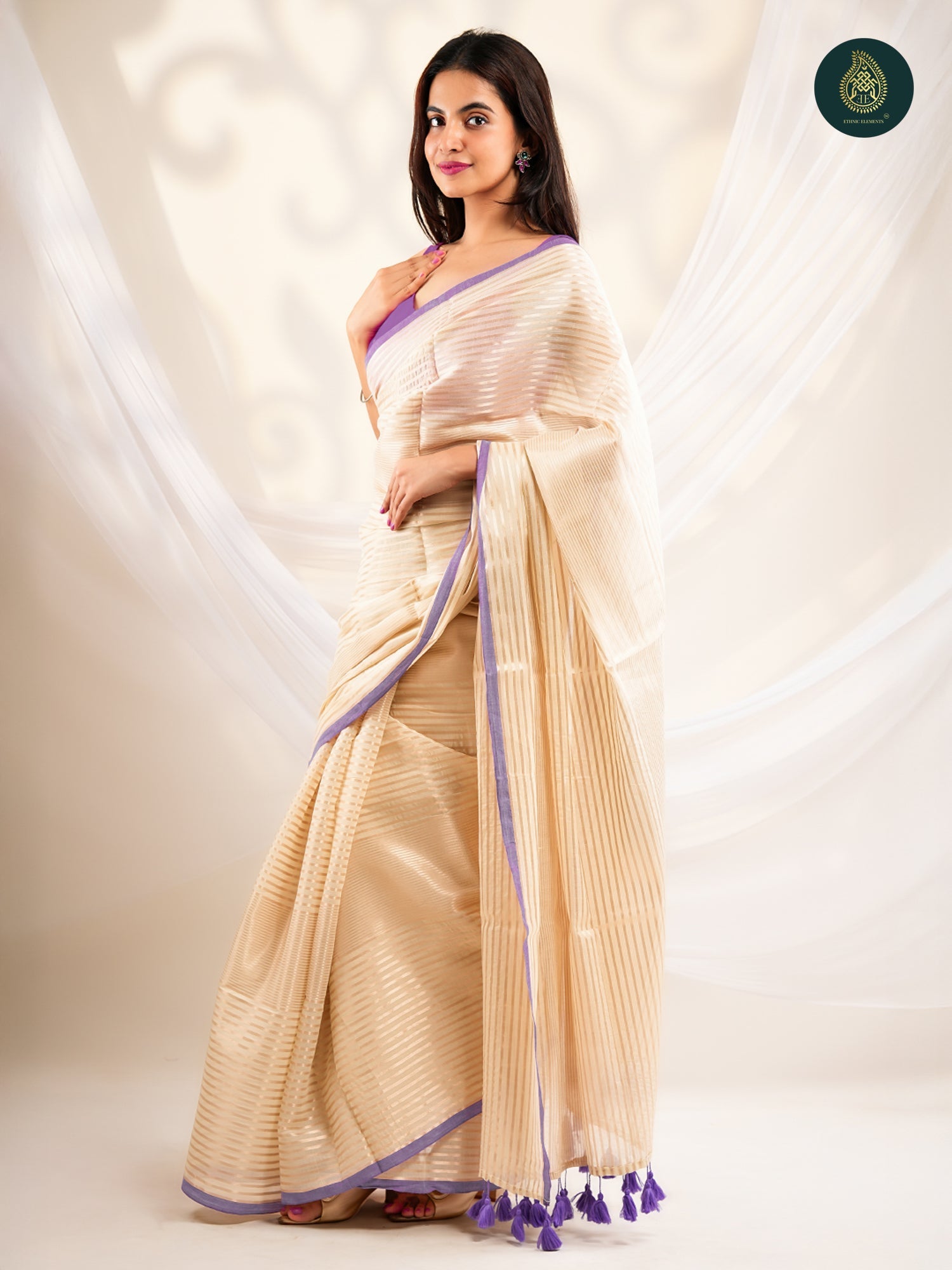 Champagne Beige Saree with Gold Stripes & Lavender Border