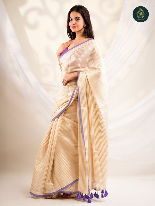 Champagne Beige Saree with Gold Stripes & Lavender Border