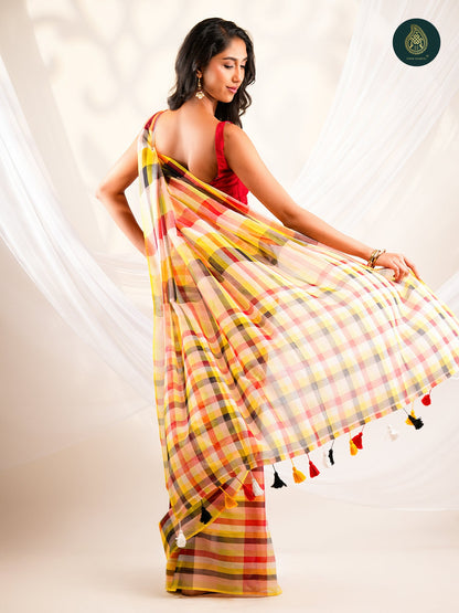 Multicolour Checked Mul Cotton Saree with Handwoven Plaid Pattern