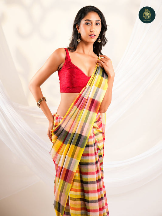 Multicolour Checked Mul Cotton Saree with Handwoven Plaid Pattern