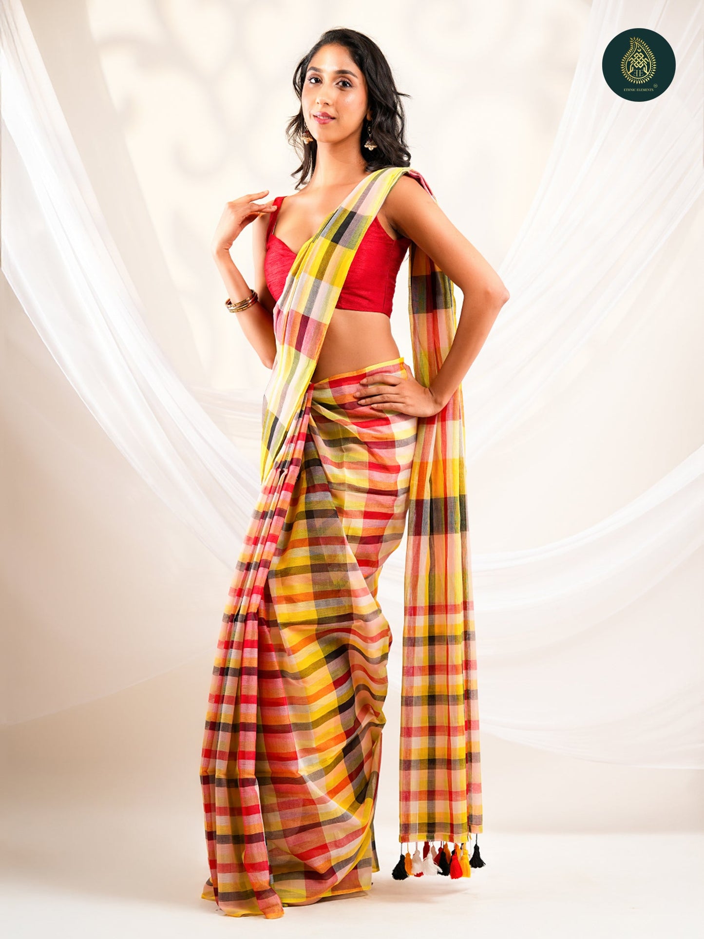 Multicolour Checked Mul Cotton Saree with Handwoven Plaid Pattern