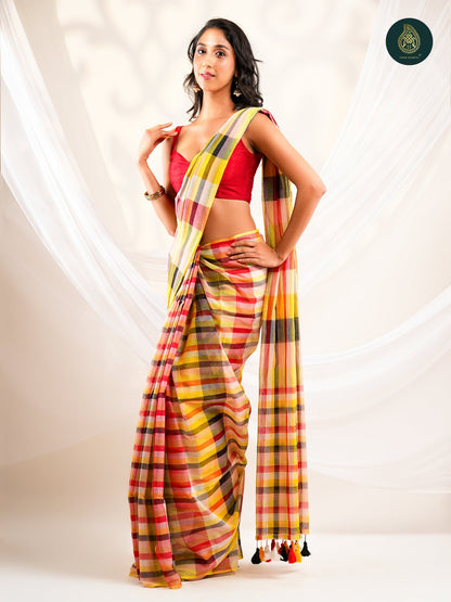 Multicolour Checked Mul Cotton Saree with Handwoven Plaid Pattern