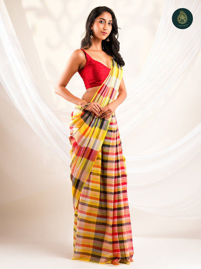 Multicolour Checked Mul Cotton Saree with Handwoven Plaid Pattern