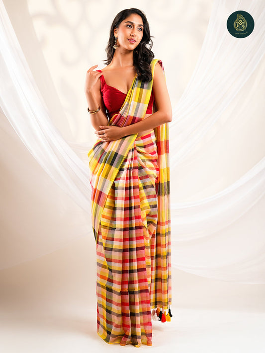 Multicolour Checked Mul Cotton Saree with Handwoven Plaid Pattern