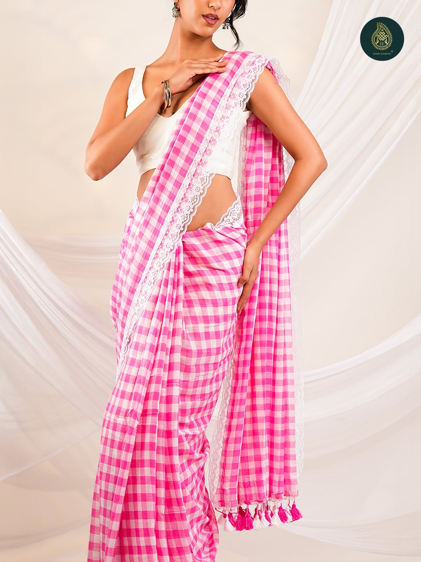 Pink Mulmul Cotton Saree -Tassel Pallu