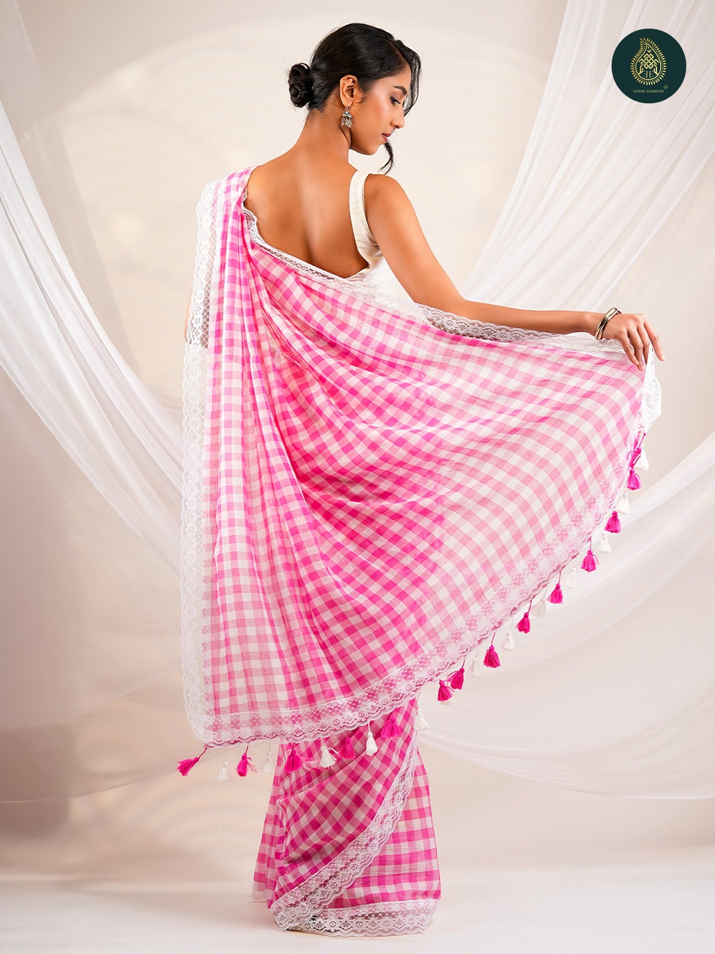 Pink Mulmul Cotton Saree -Tassel Pallu