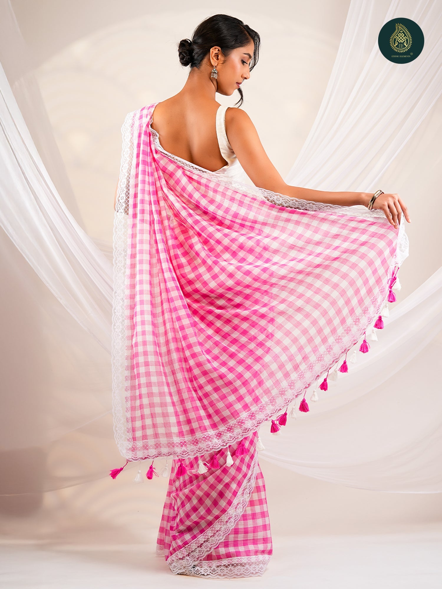 Pink Mulmul Cotton Saree -Tassel Pallu