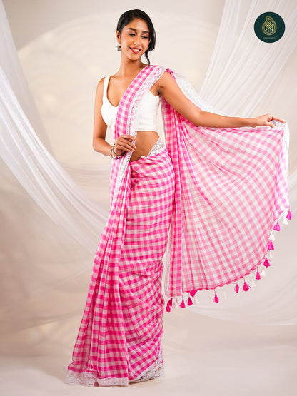 Pink Mulmul Cotton Saree -Tassel Pallu