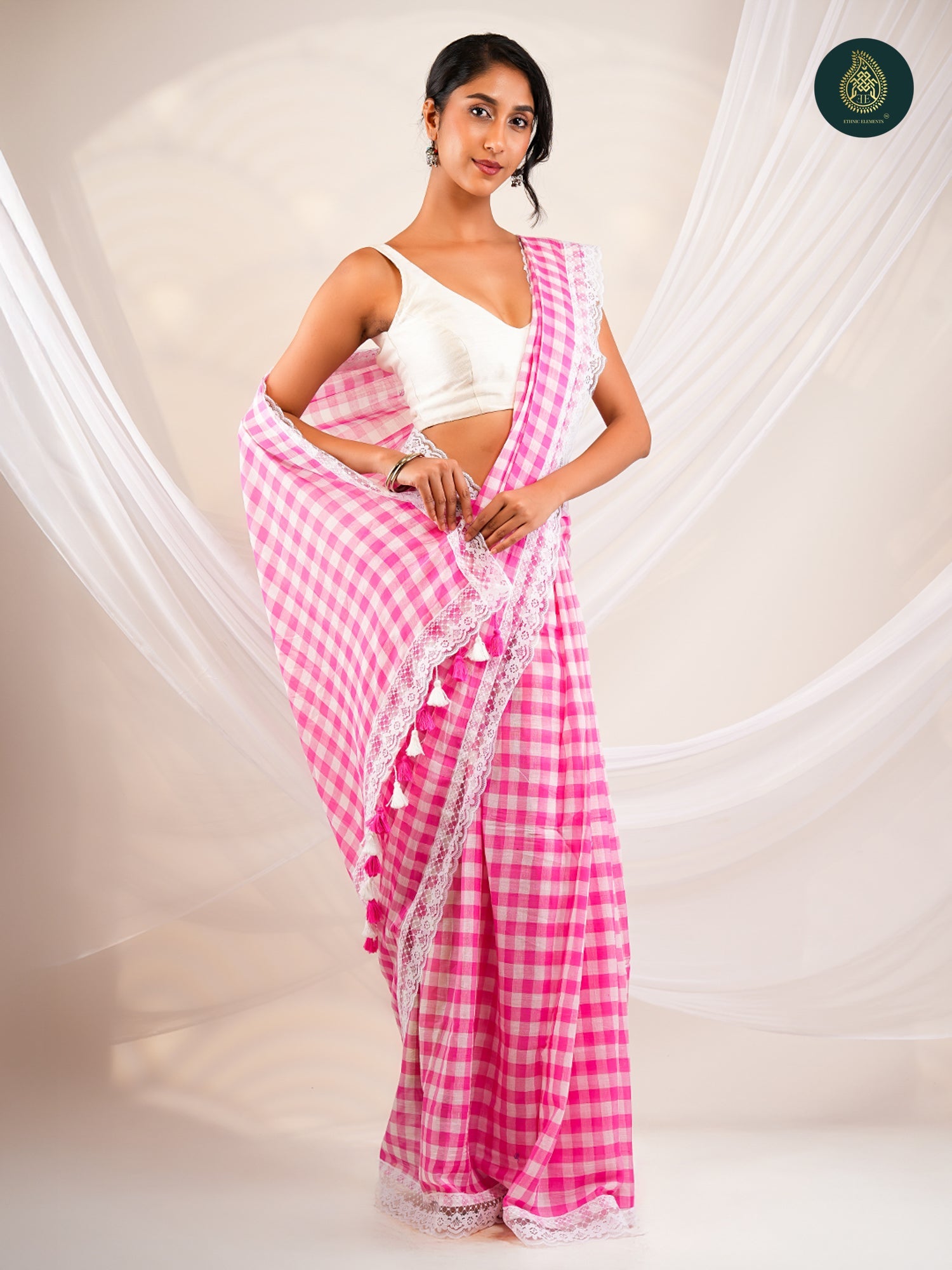 Pink Mulmul Cotton Saree -Tassel Pallu