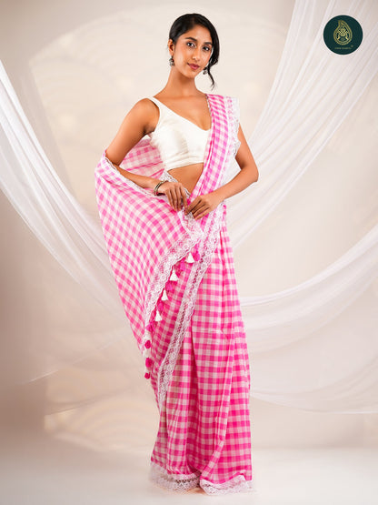 Pink Mulmul Cotton Saree -Tassel Pallu