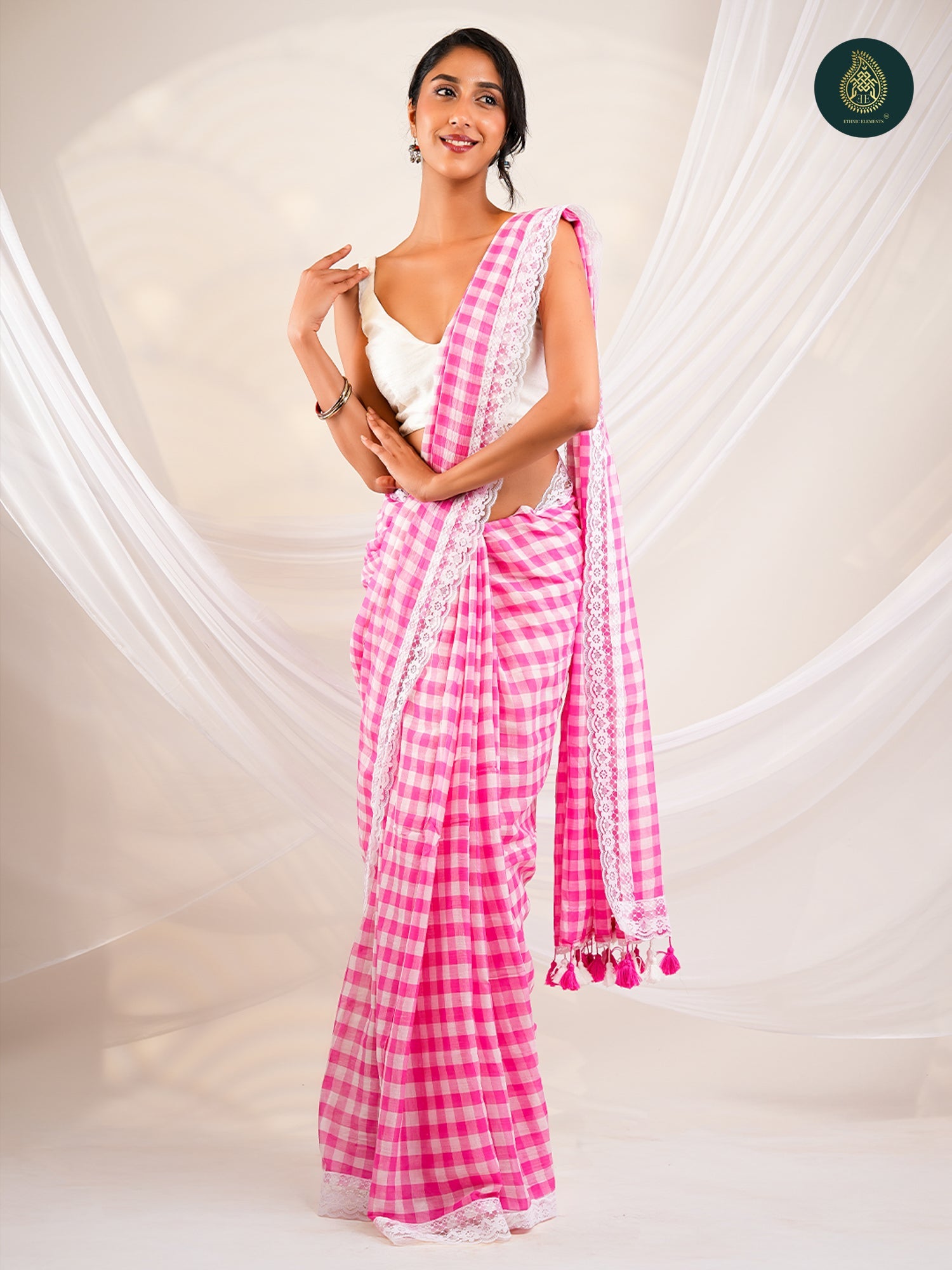 Pink Mulmul Cotton Saree -Tassel Pallu