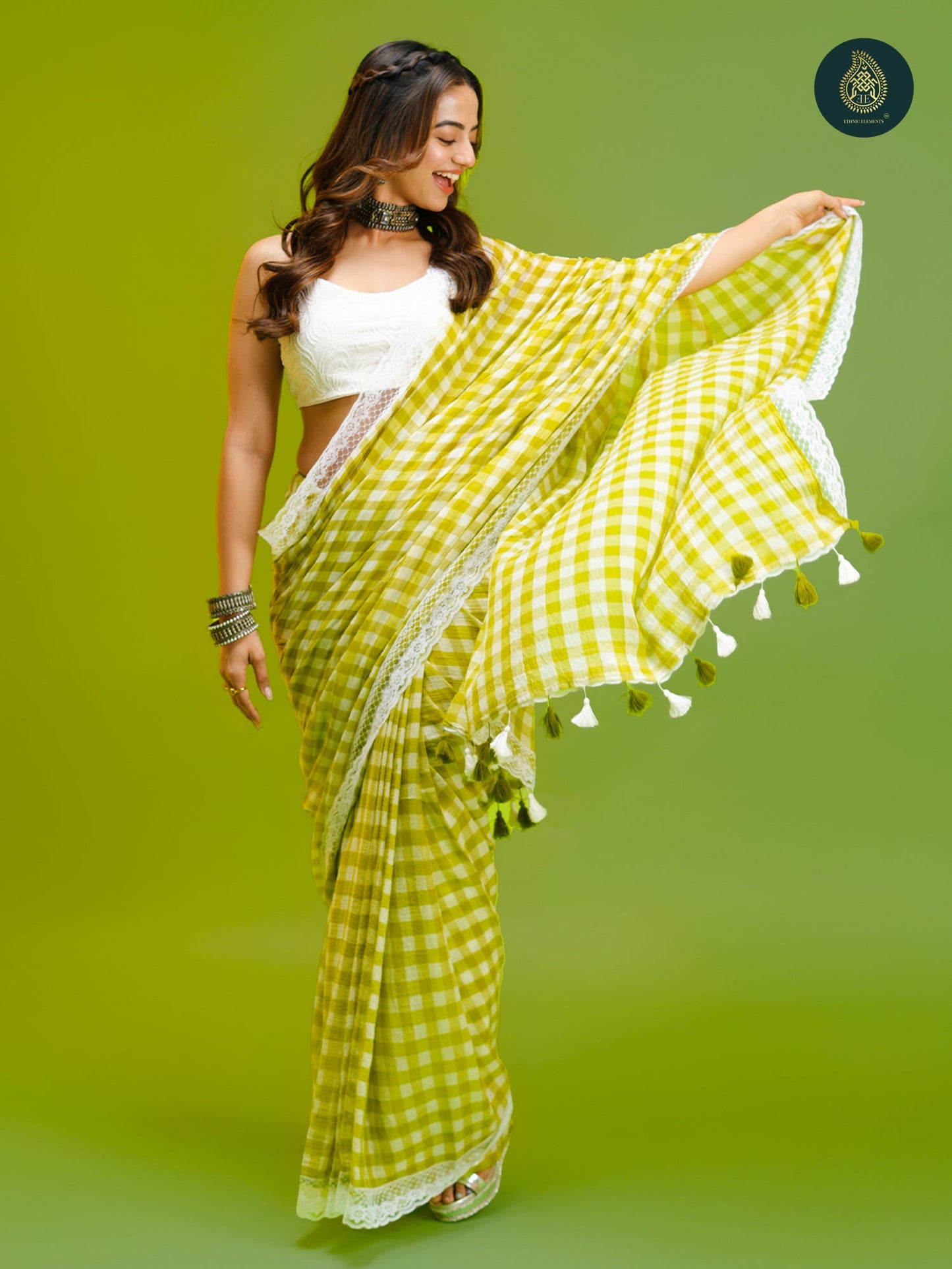 Pallav Check Mul Cotton Saree with Lace