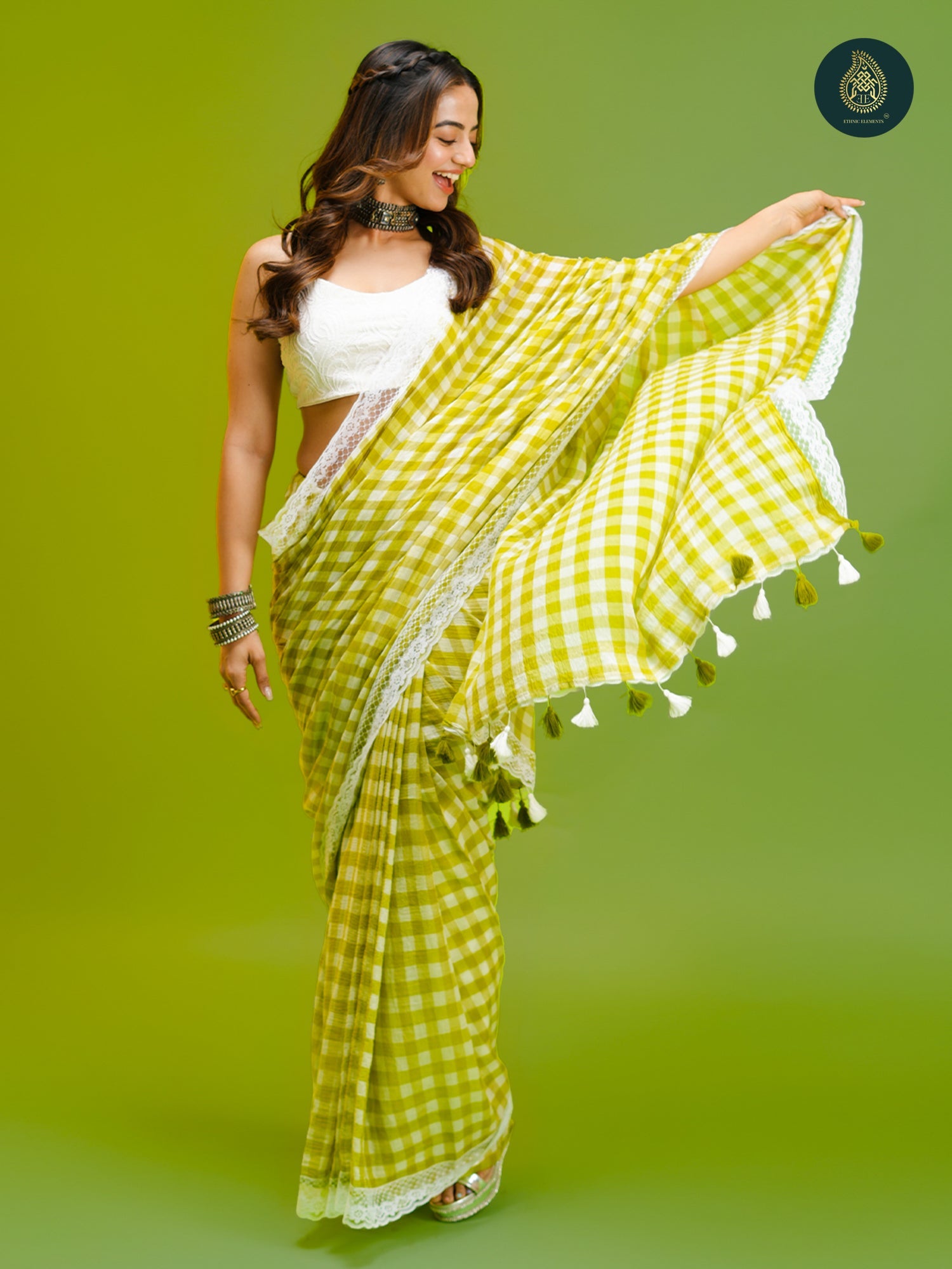 Pallav Check Mul Cotton Saree with Lace