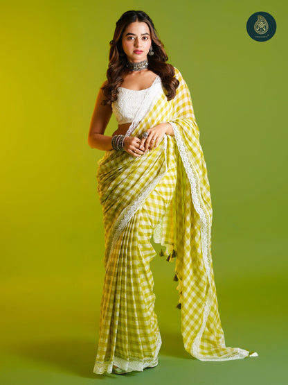 Pallav Check Mul Cotton Saree with Lace