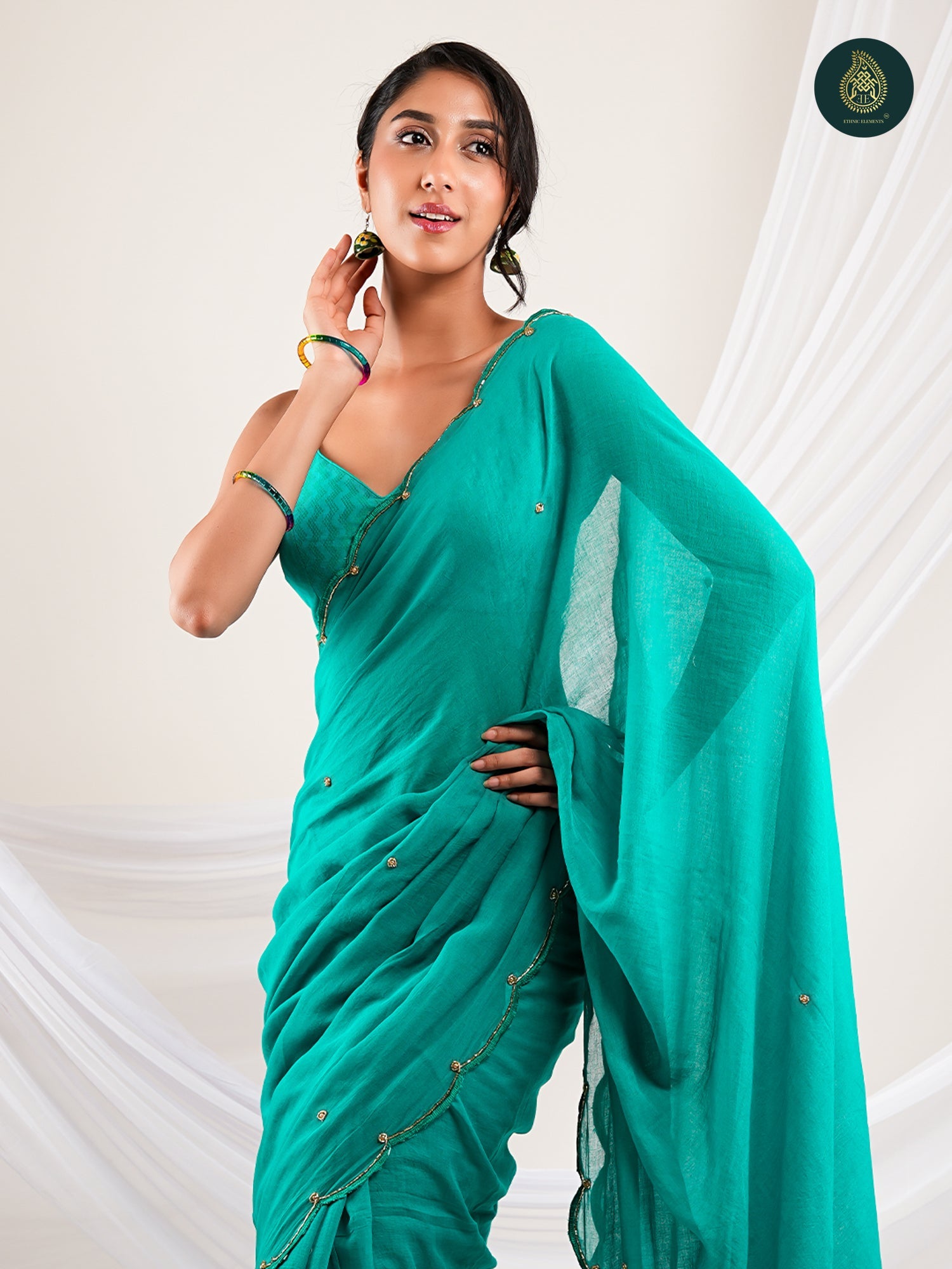 Teal Blue Mul Cotton Saree with Handcrafted Bead Embellished Scalloped Border