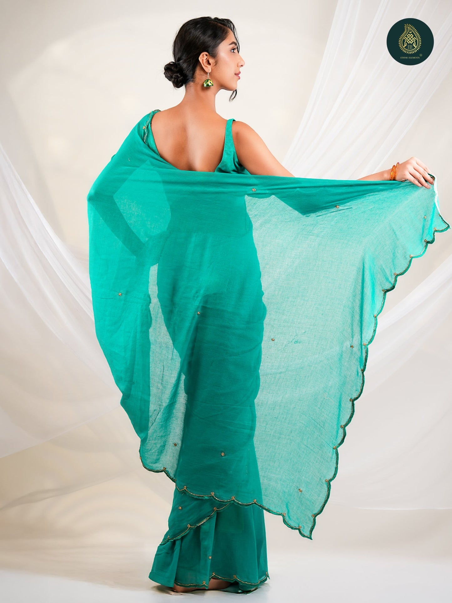 Teal Blue Mul Cotton Saree with Handcrafted Bead Embellished Scalloped Border