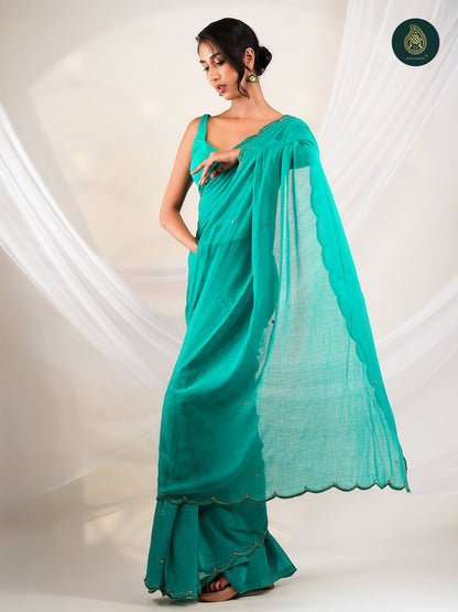 Teal Blue Mul Cotton Saree with Handcrafted Bead Embellished Scalloped Border