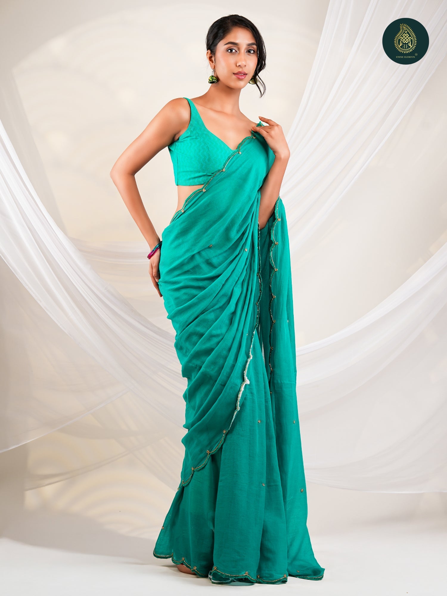 Teal Blue Mul Cotton Saree with Handcrafted Bead Embellished Scalloped Border