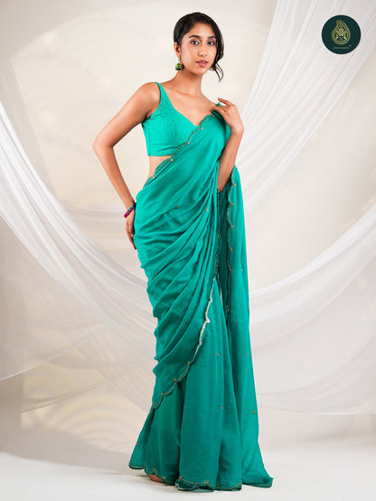 Teal Blue Mul Cotton Saree with Handcrafted Bead Embellished Scalloped Border