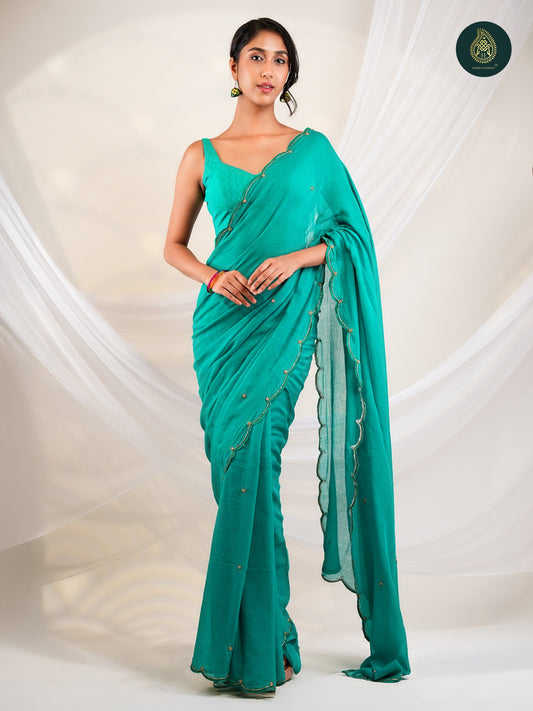 Teal Blue Mul Cotton Saree with Handcrafted Bead Embellished Scalloped Border