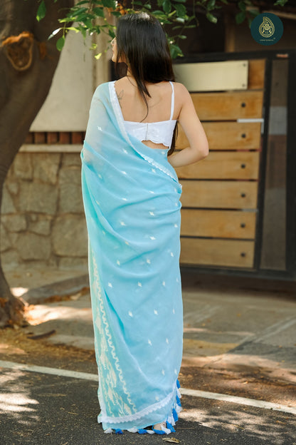 Sky Blue - Jamdani Embroidery Mul Cotton Saree