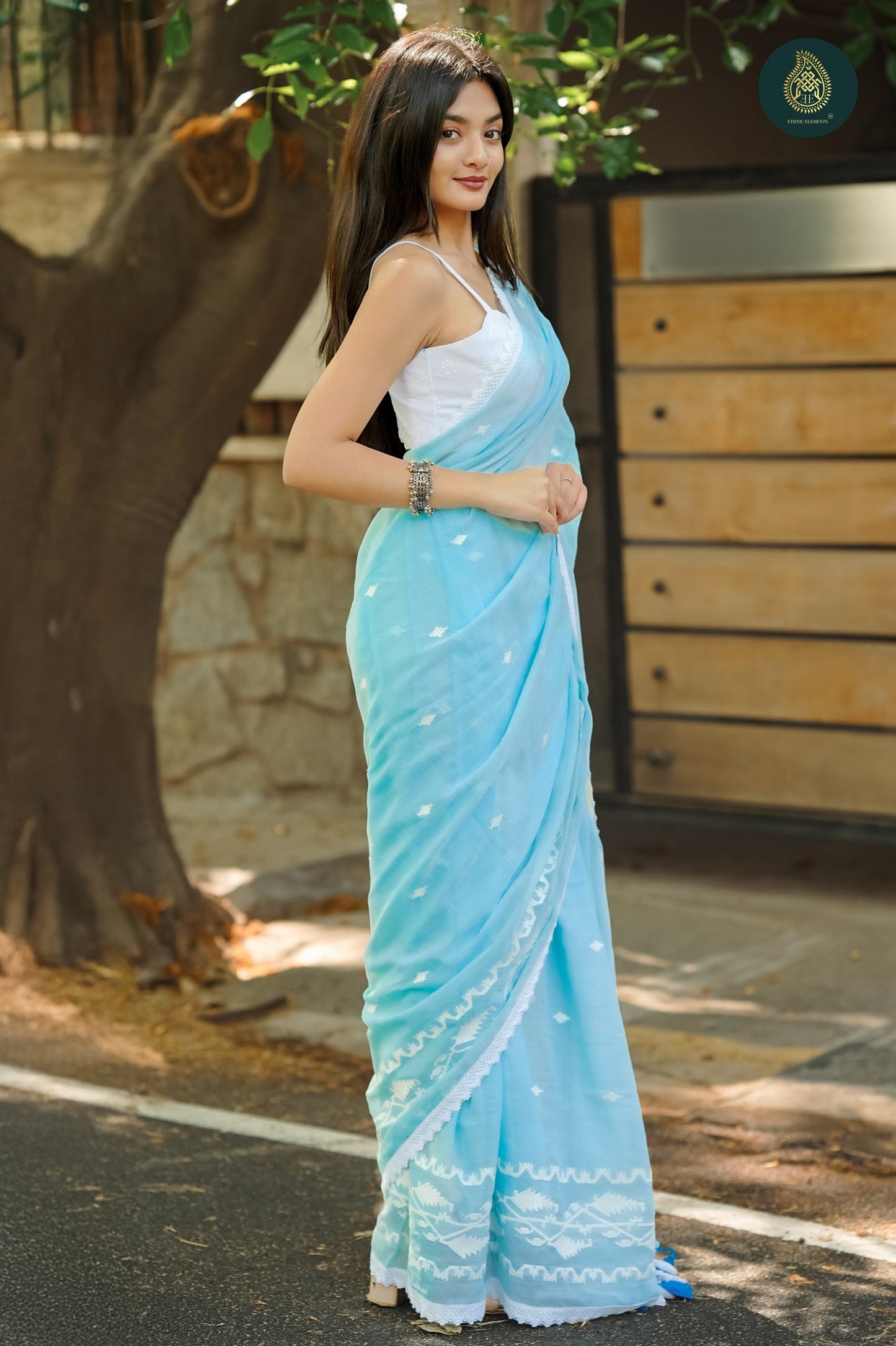 Sky Blue - Jamdani Embroidery Mul Cotton Saree