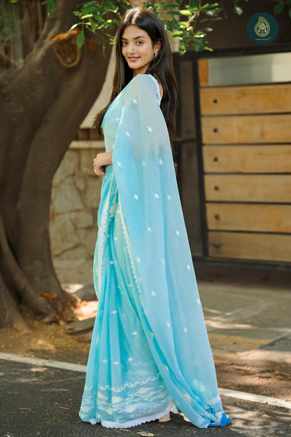 Sky Blue - Jamdani Embroidery Mul Cotton Saree