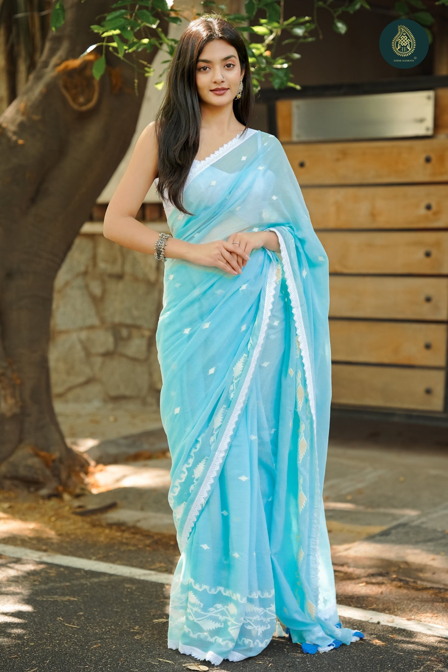 Sky Blue - Jamdani Embroidery Mul Cotton Saree