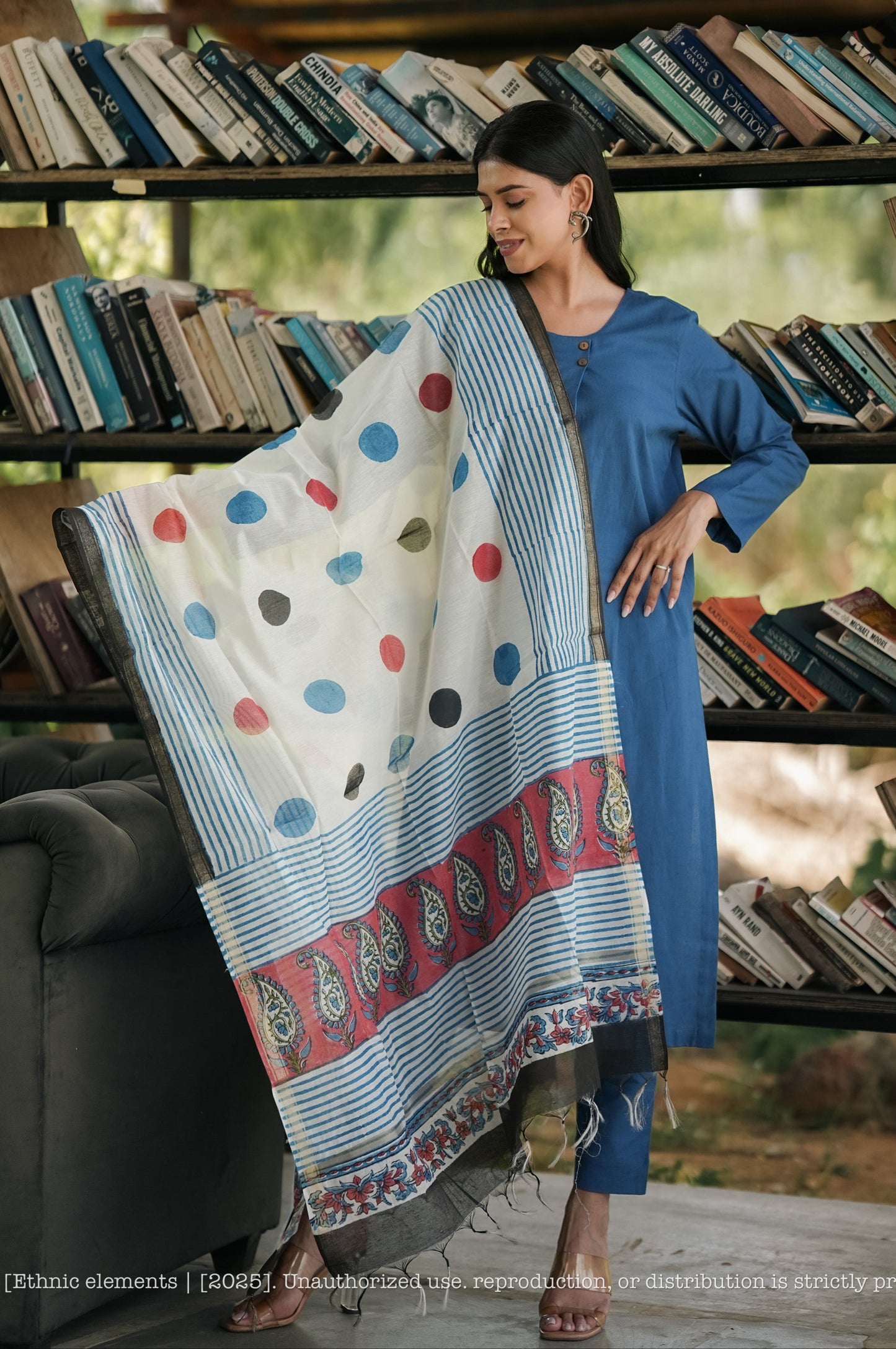 Stitched 3Pc Suit Set - Chambray Muse With Patang