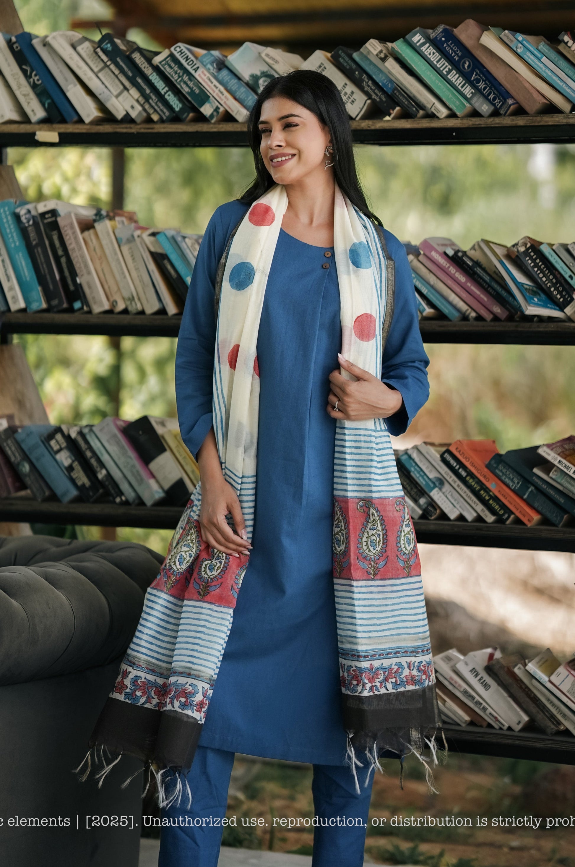 Stitched 3Pc Suit Set - Chambray Muse With Patang