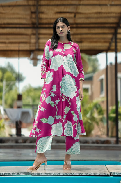 Stitched 2Pc Cotton Suit Set - Fuchsia Bloom