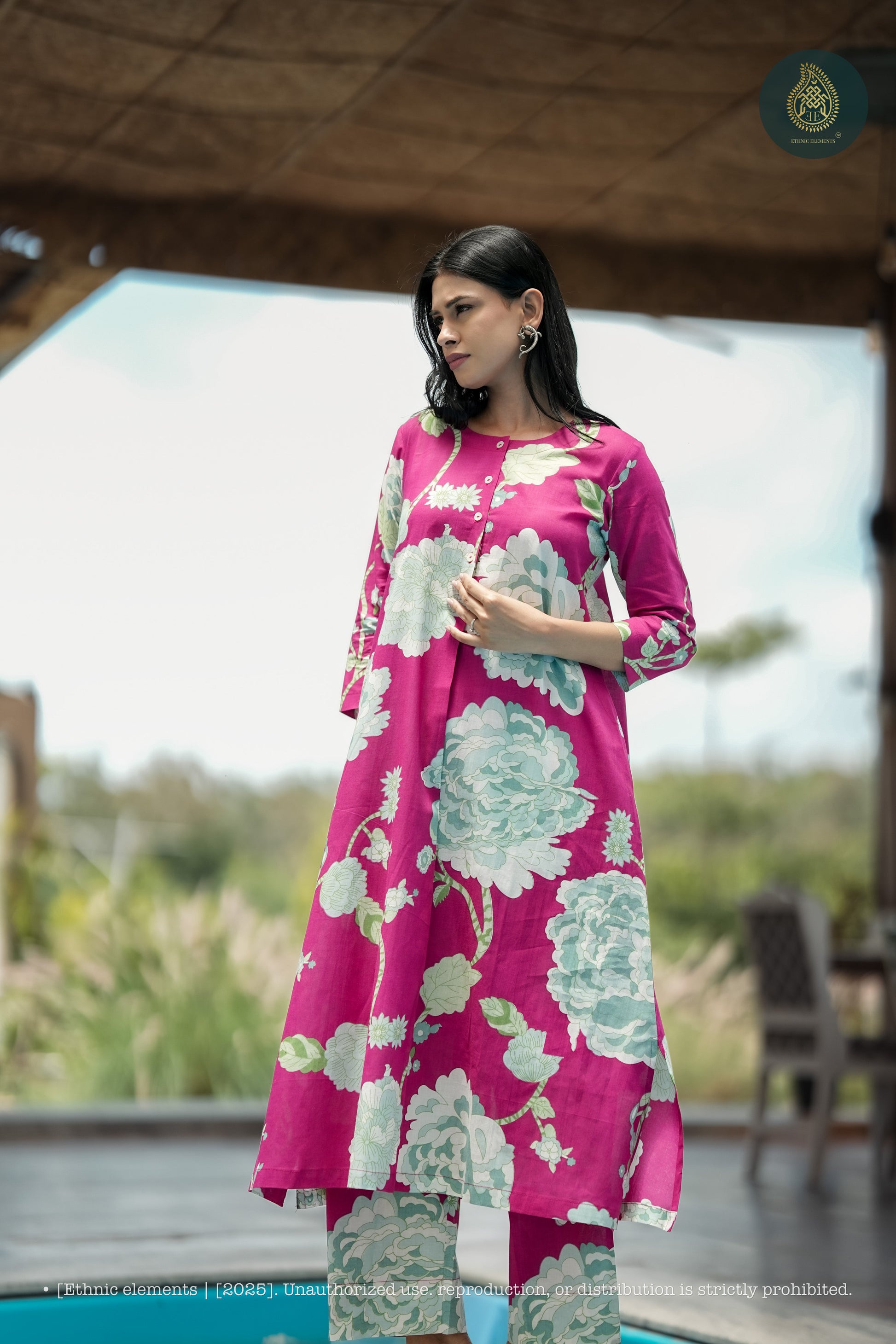 Stitched 2Pc Cotton Suit Set - Fuchsia Bloom