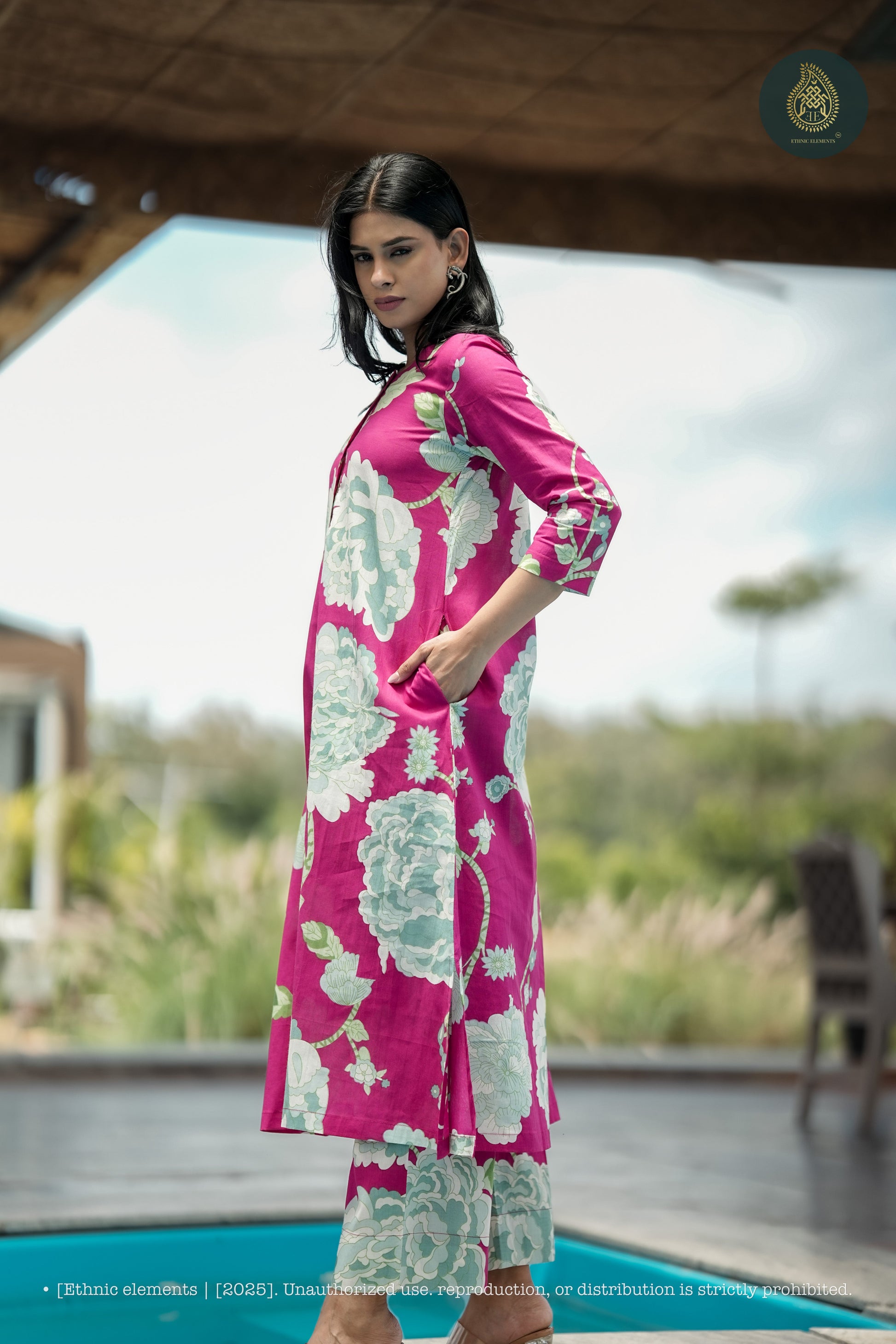 Stitched 2Pc Cotton Suit Set - Fuchsia Bloom