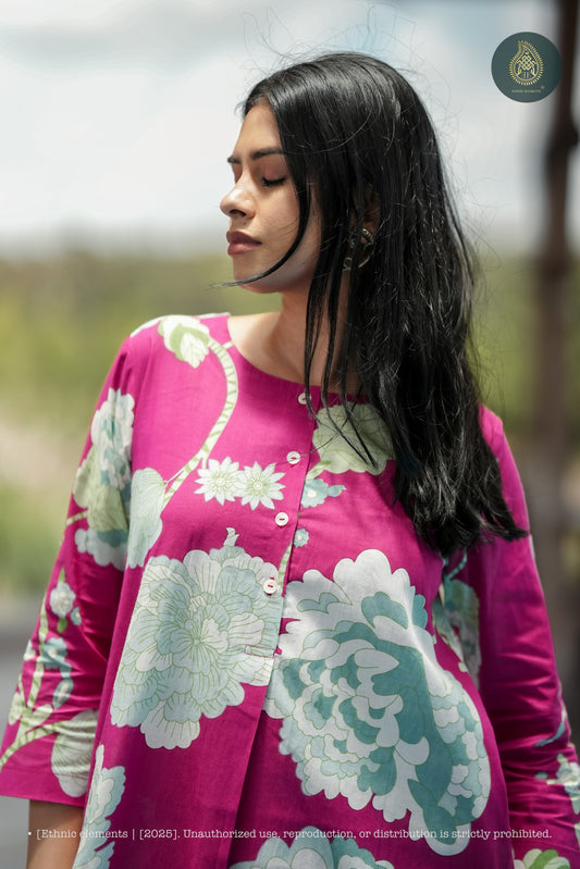 Stitched 2Pc Cotton Suit Set - Fuchsia Bloom