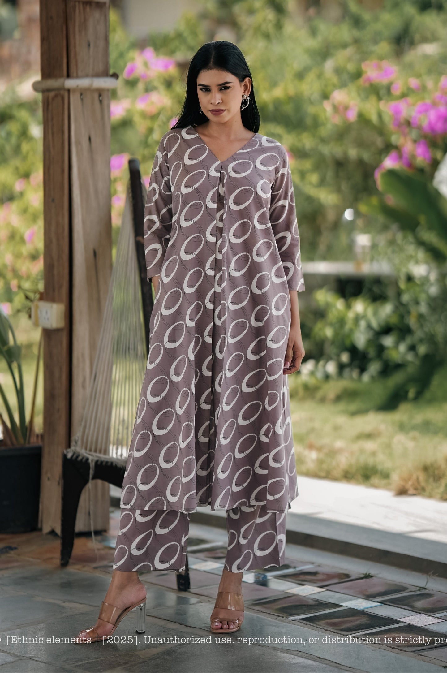 Stitched 2Pc Cotton Suit Set - Mocha Ring