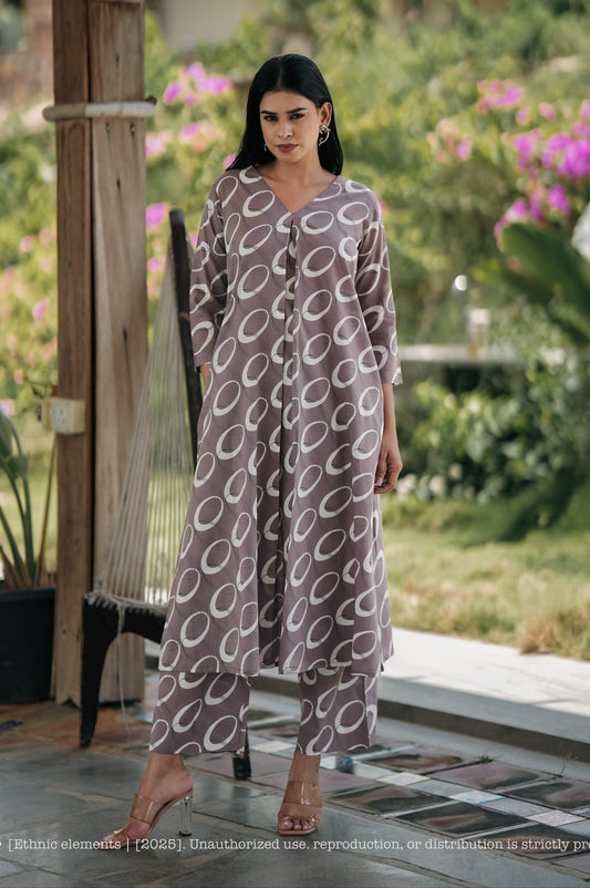 Stitched 2Pc Cotton Suit Set - Mocha Ring
