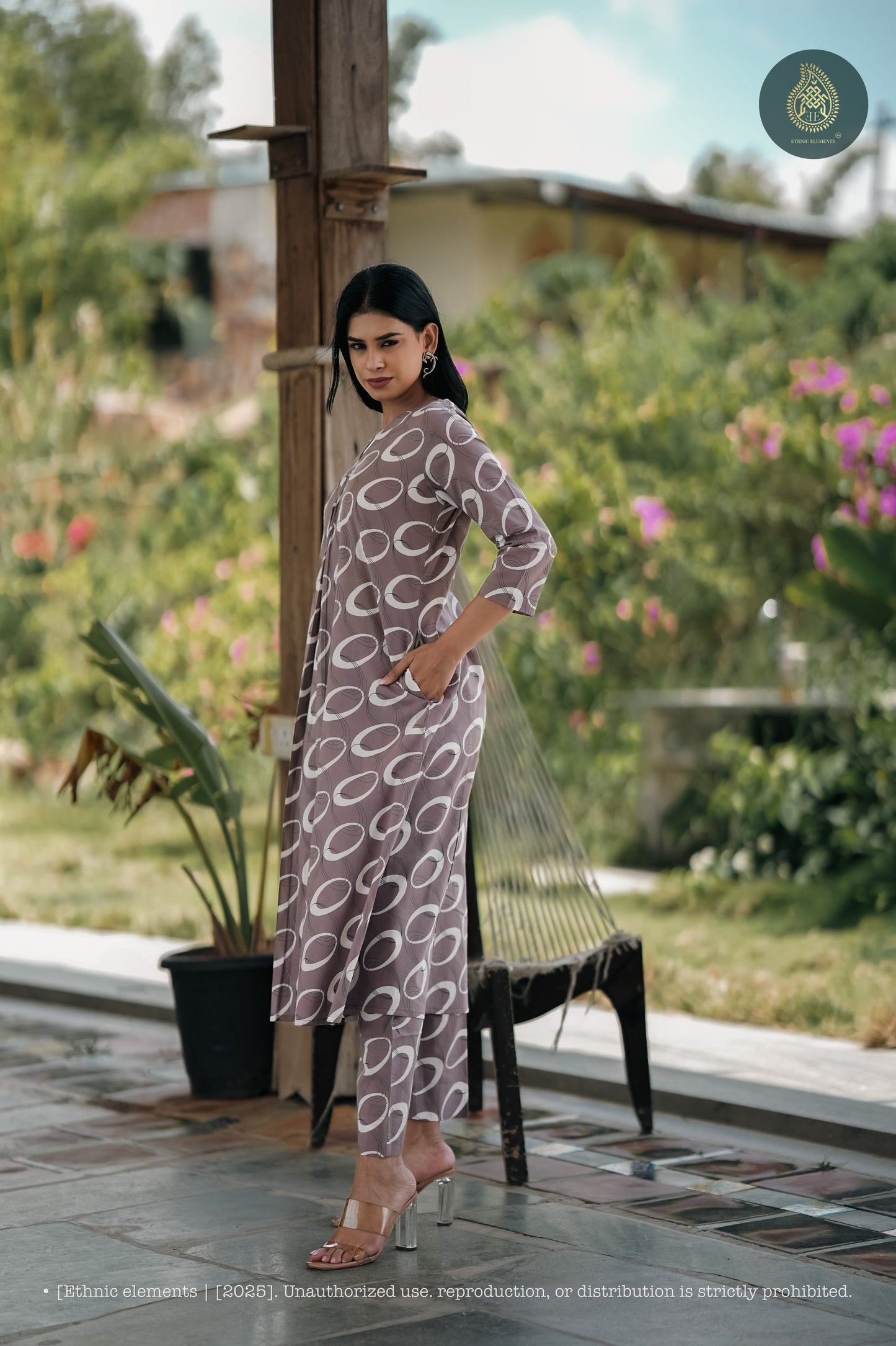 Stitched 2Pc Cotton Suit Set - Mocha Ring