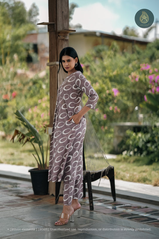 Stitched 2Pc Cotton Suit Set - Mocha Ring