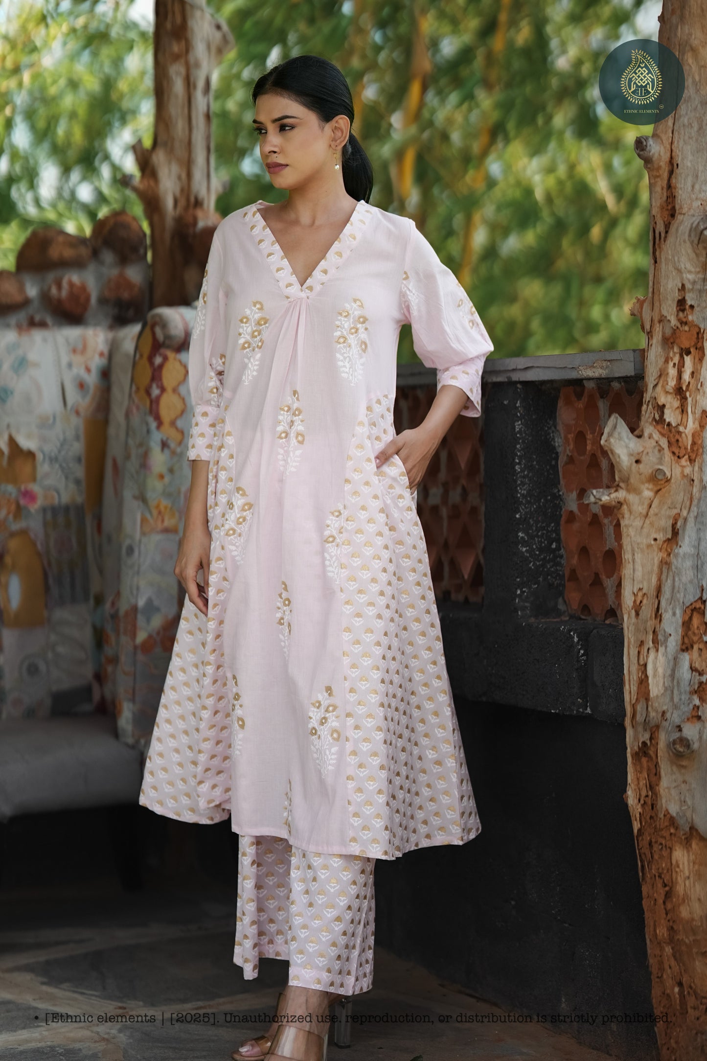 Stitched 2Pc Cotton Suit Set Blush Fern