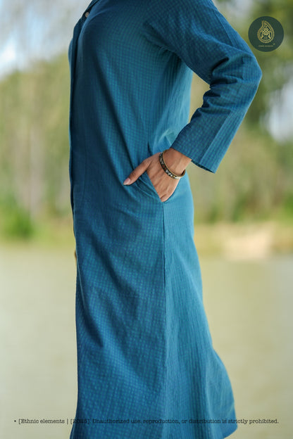 Stitched 2Pc Cotton Suit Set - Aqua Grid