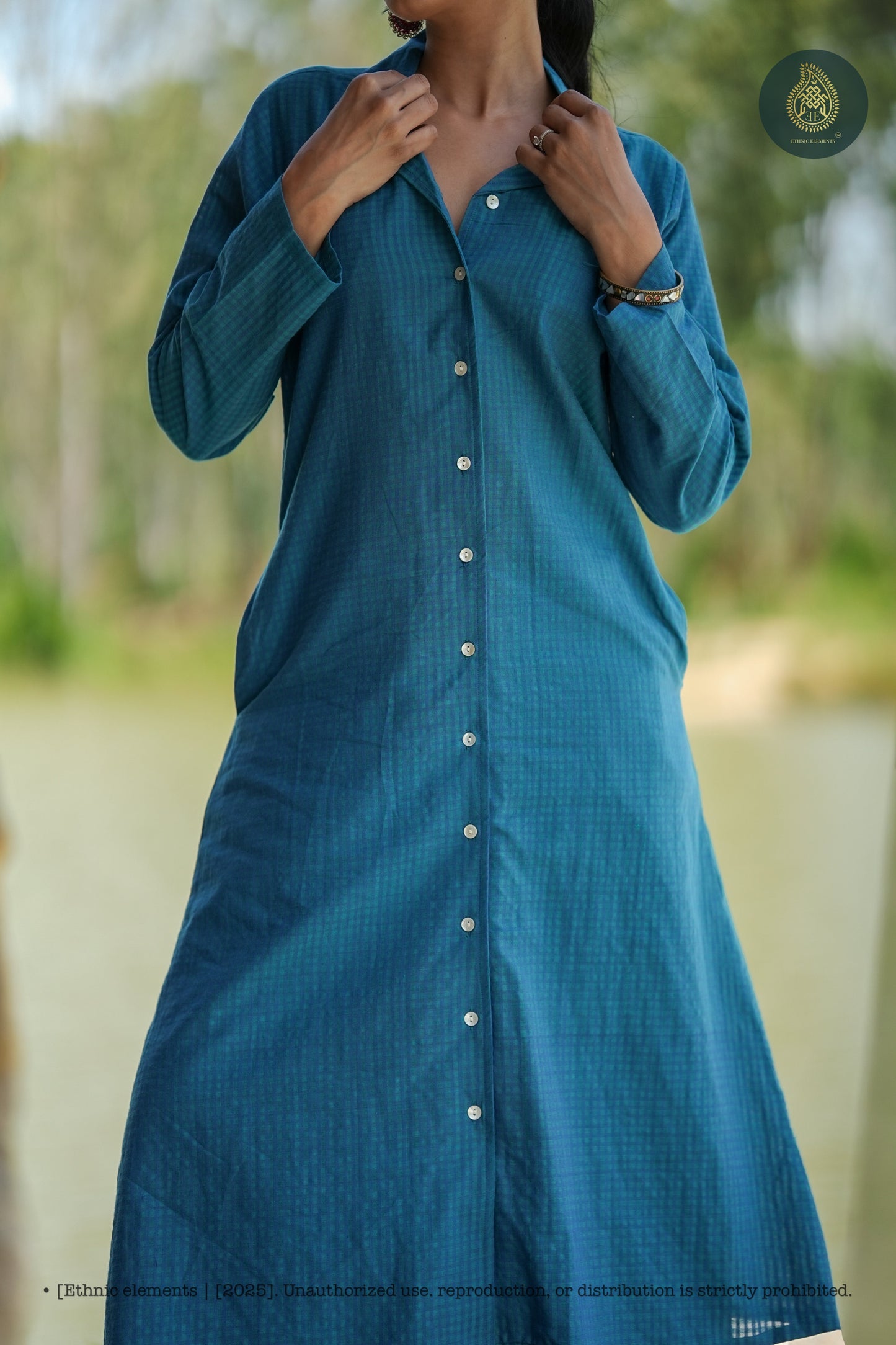 Stitched 2Pc Cotton Suit Set - Aqua Grid